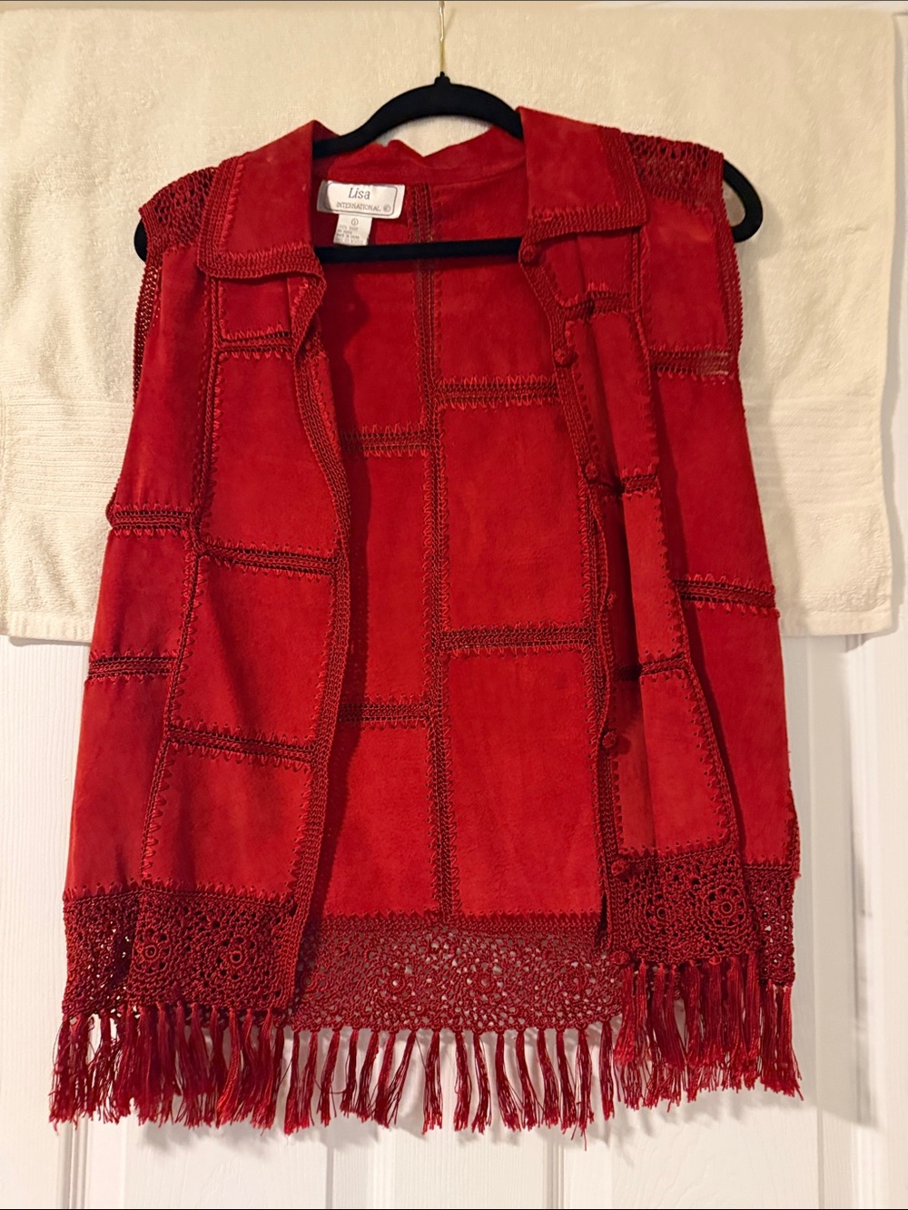 Lisa International Red Suede Patchwork Fringe Vest